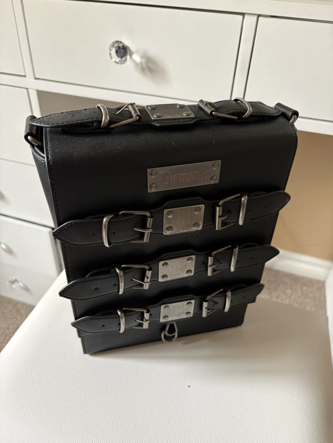 Demonia Black Satchel Bag with Buckle Details