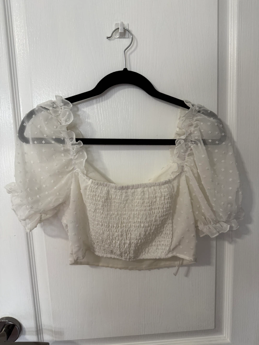 White Puff Sleeve Top with Smocked Bodice - photo 2