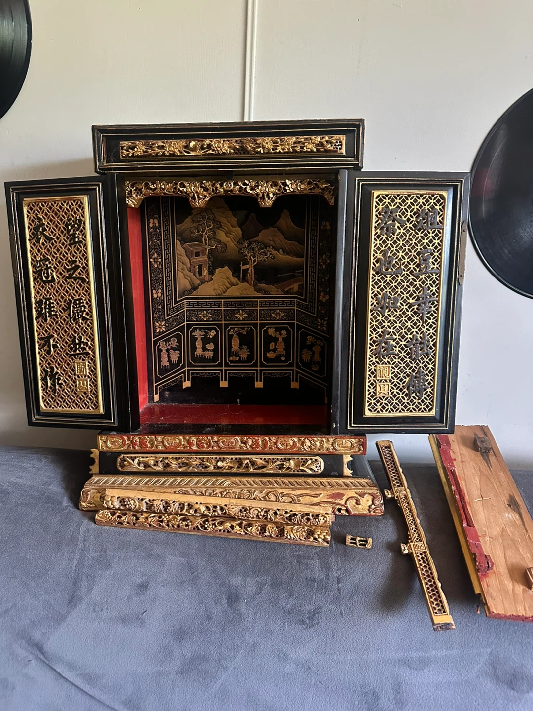 STRAITS CHINESE RED & GOLD CARVED SHRINE CABINET