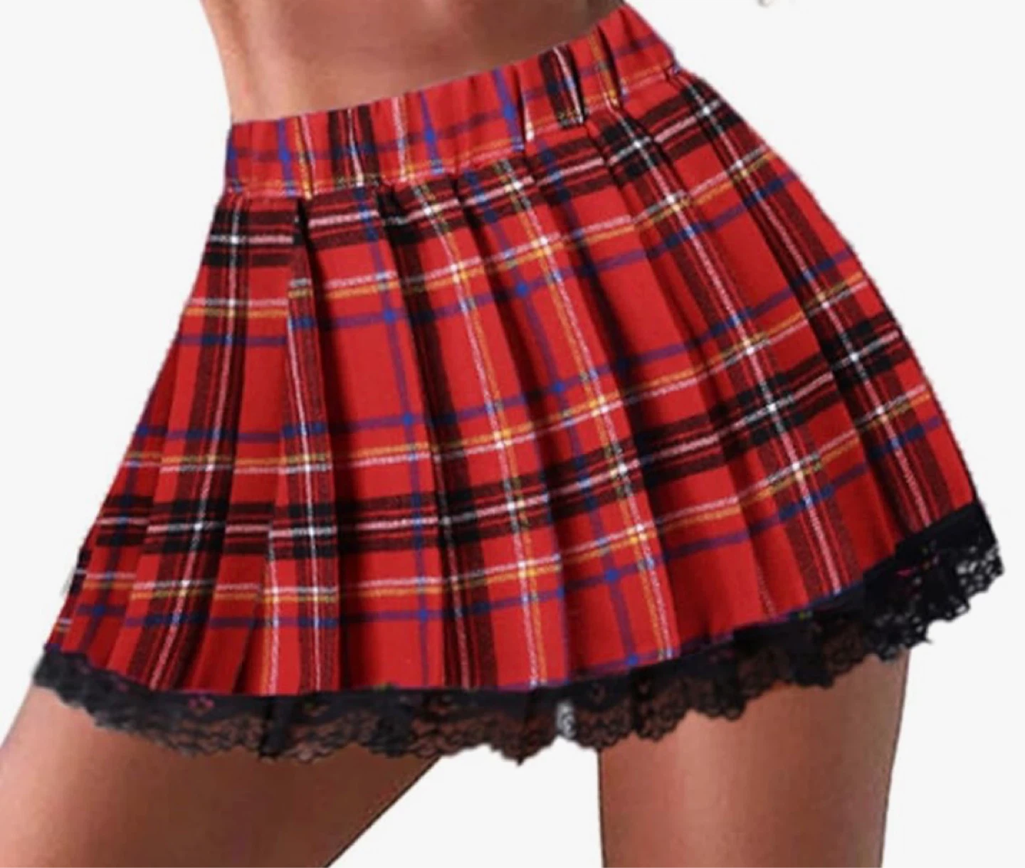 Red Plaid Pleated Mini Skirt with Lace Trim- Size Medium - photo 2