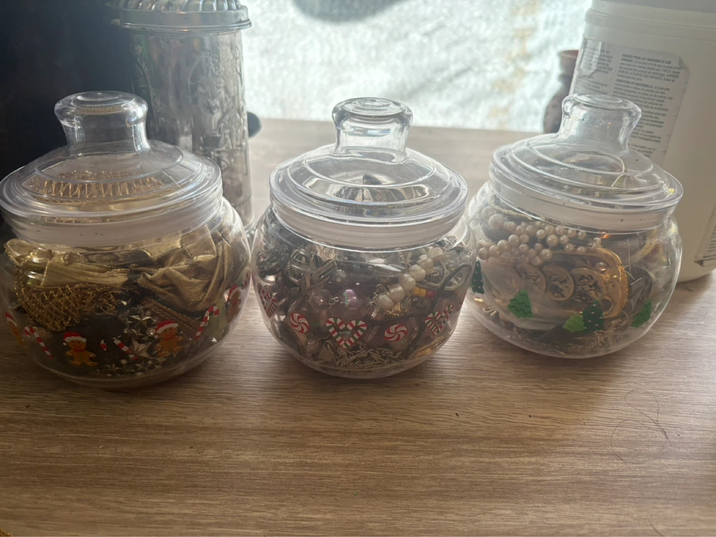 3 jars of costume jewelry pins and more