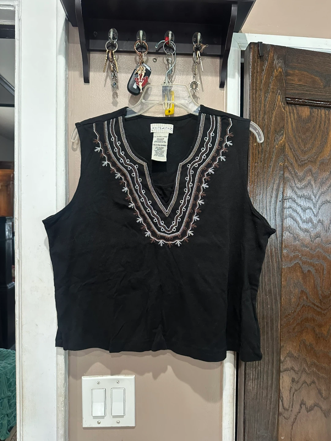 White Stag Black Embroidered V-Neck Top - XL