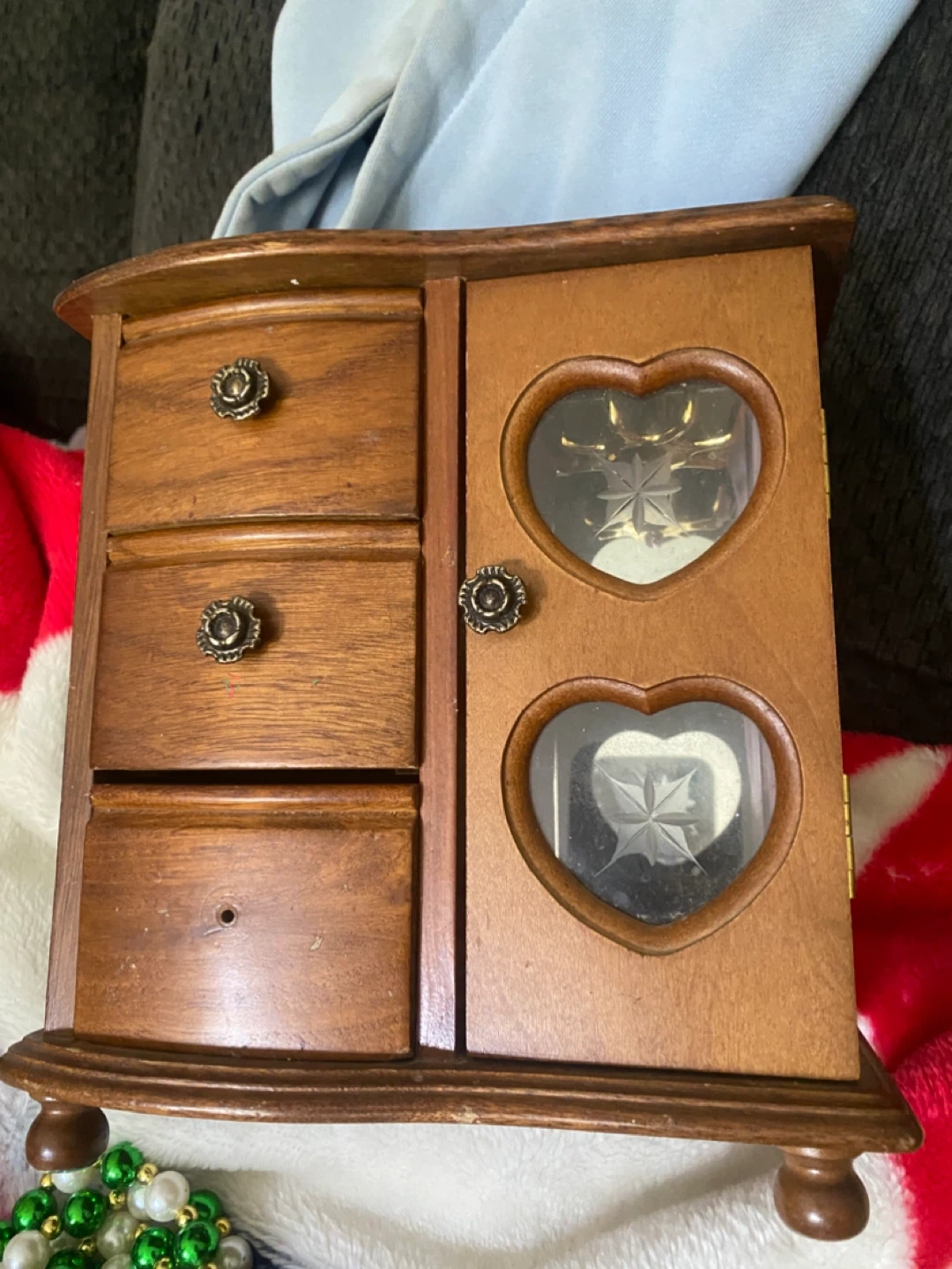 Wooden Jewelry Box with 3 Drawers and Heart Windows