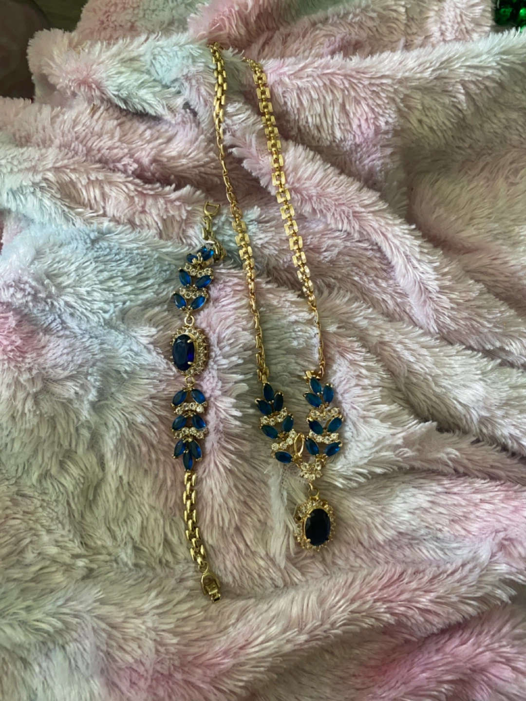 Gold Tone Blue Crystal Necklace and Bracelet Set