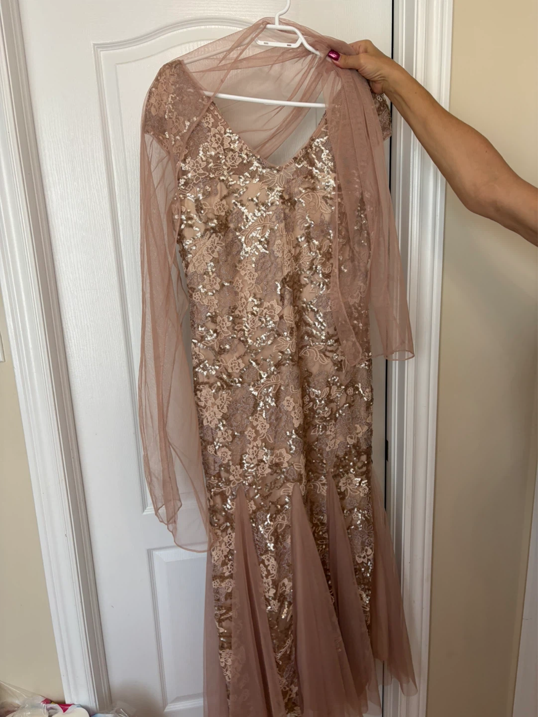 Rose gold colored sparkly gown