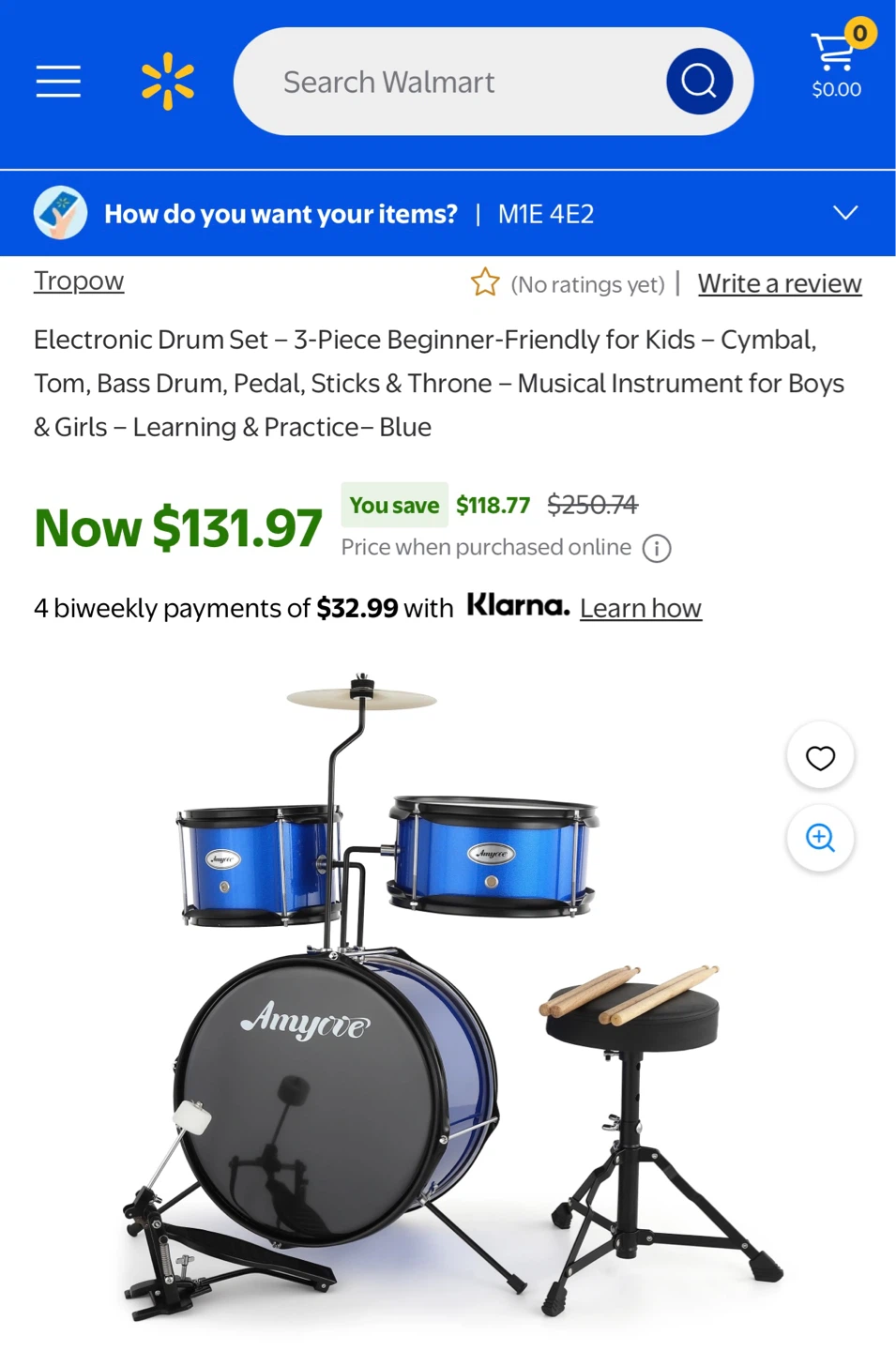 Amyove Blue 3-Piece Electronic Drum Set for Kids