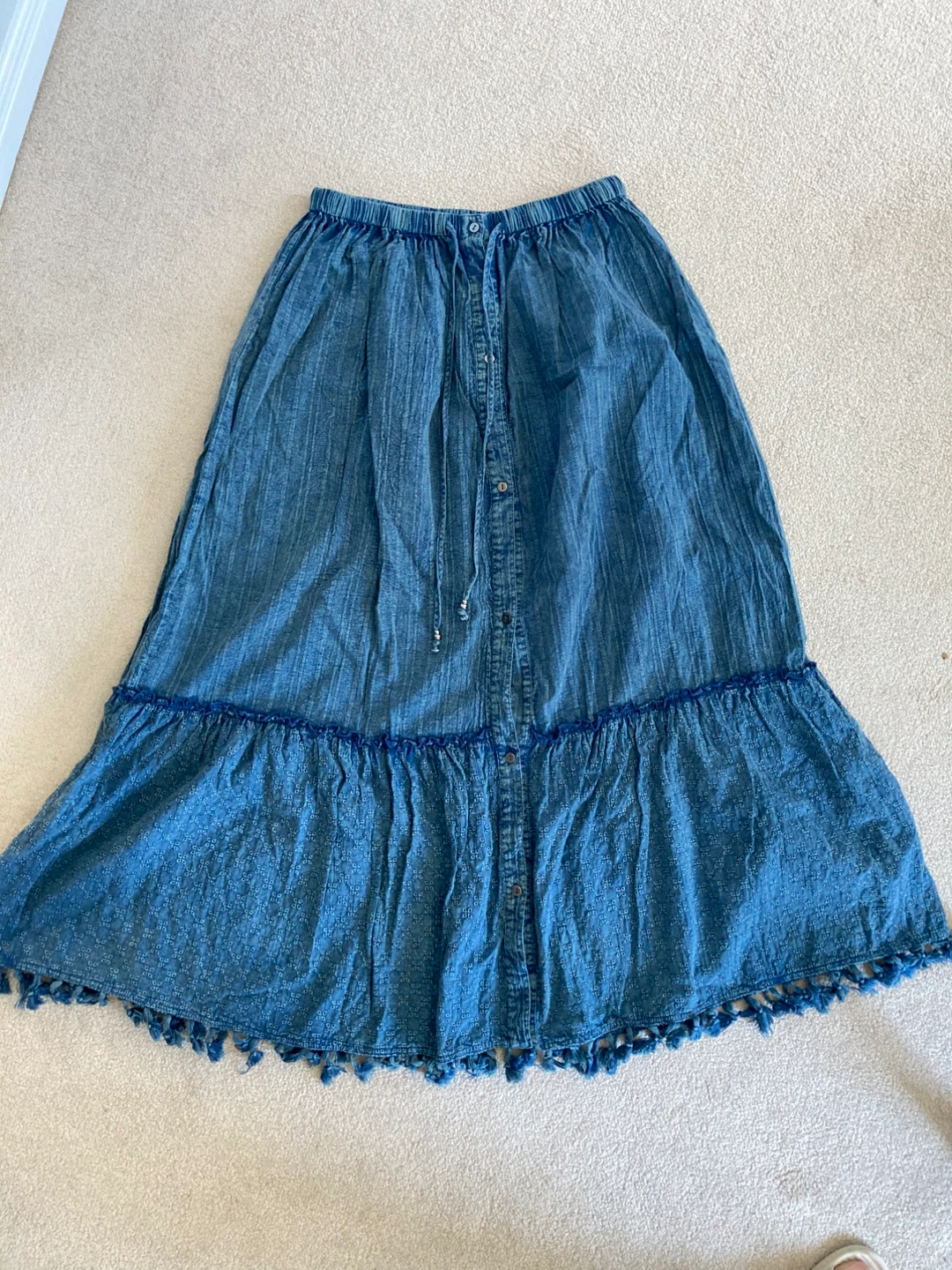 Denim Maxi Skirt with Tassels