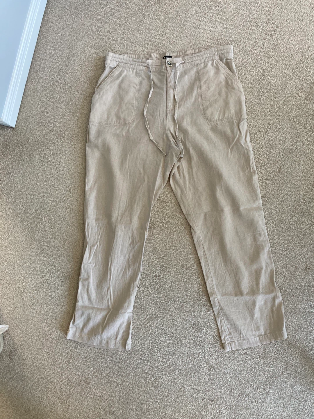 New Tan Linen Blend Drawstring Pants