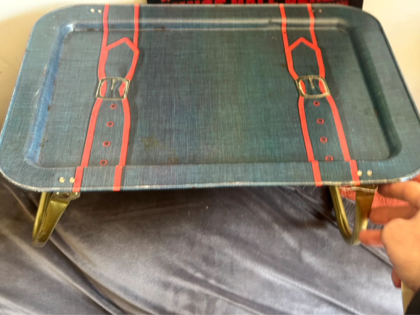 Vintage metal denim fold up tv lap tray