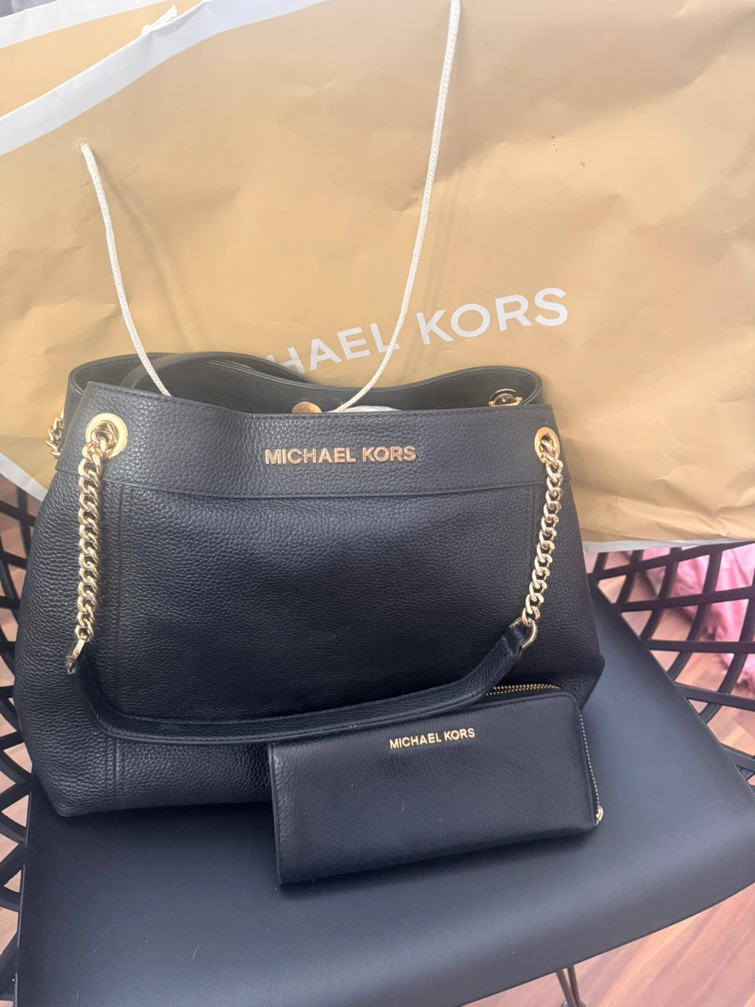Michael Kors Black Leather Tote Bag with Matching Wallet