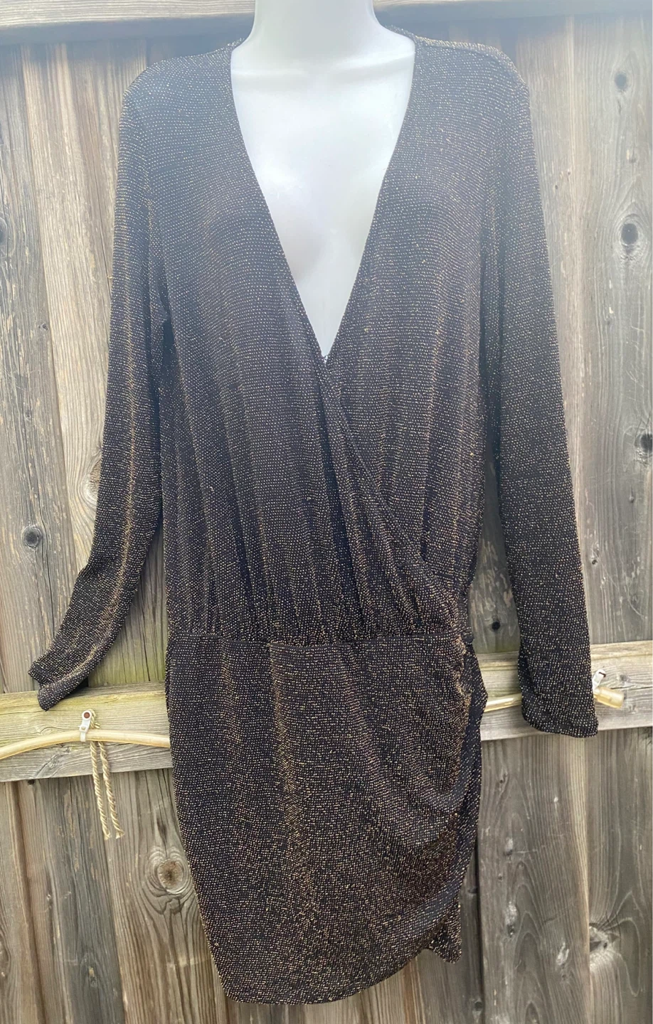 DYNAMITE Black & Gold Sparkle Long Sleeve Faux Wrap Dress