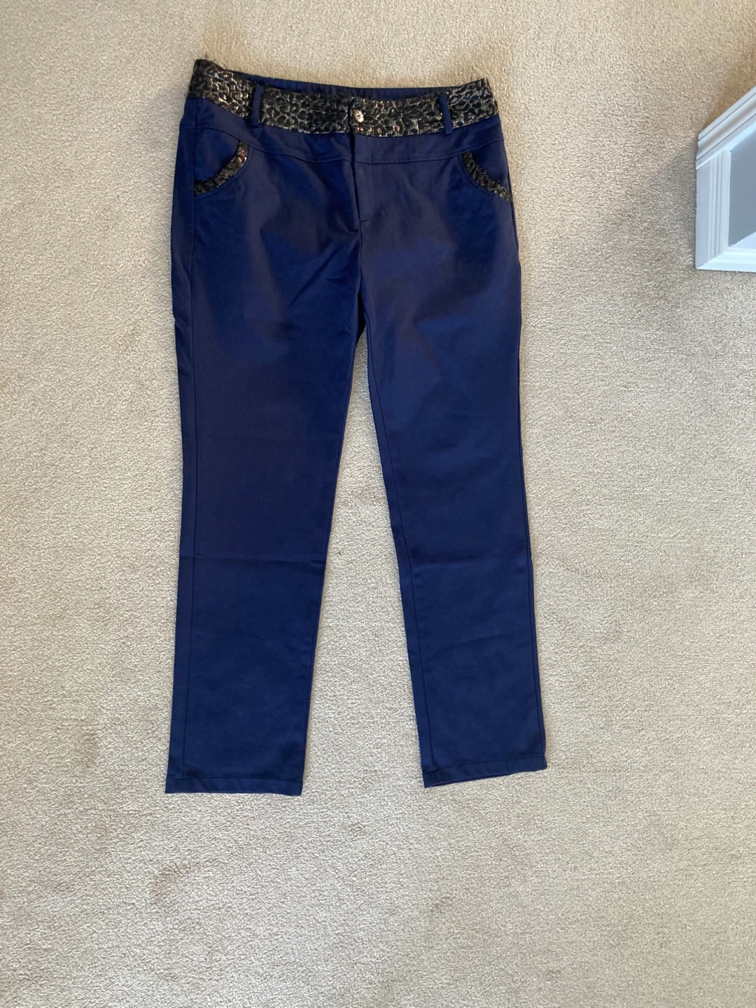 Blue Pants with Leopard Print Trim