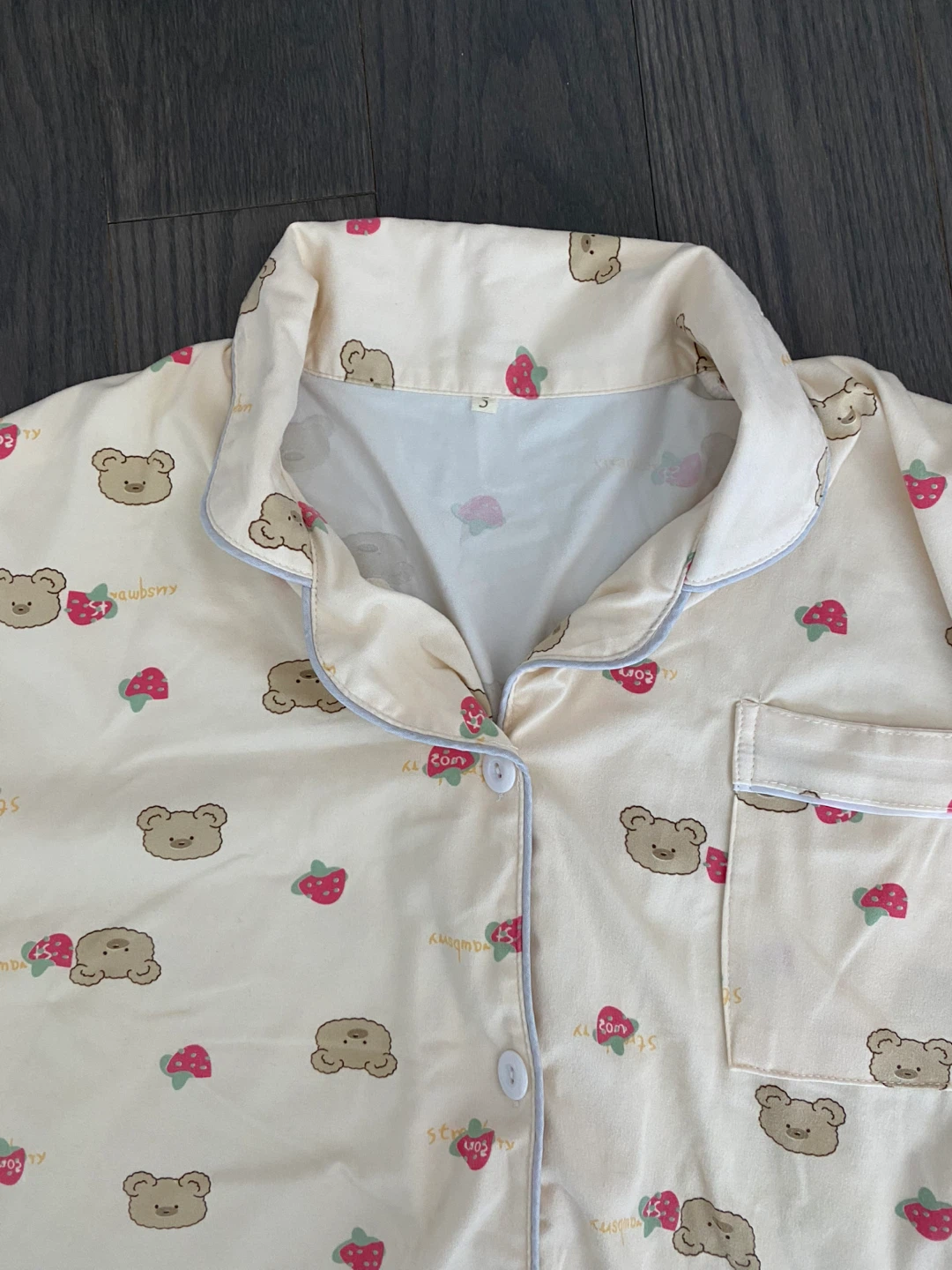 Cream Pajama Set with Bear and Strawberry Print - photo 3