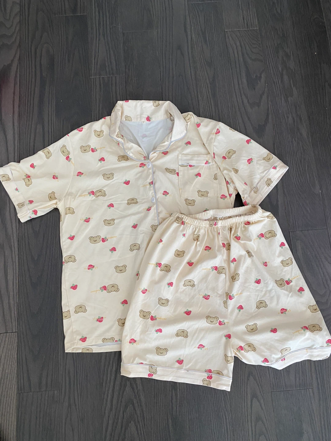 Cream Pajama Set with Bear and Strawberry Print