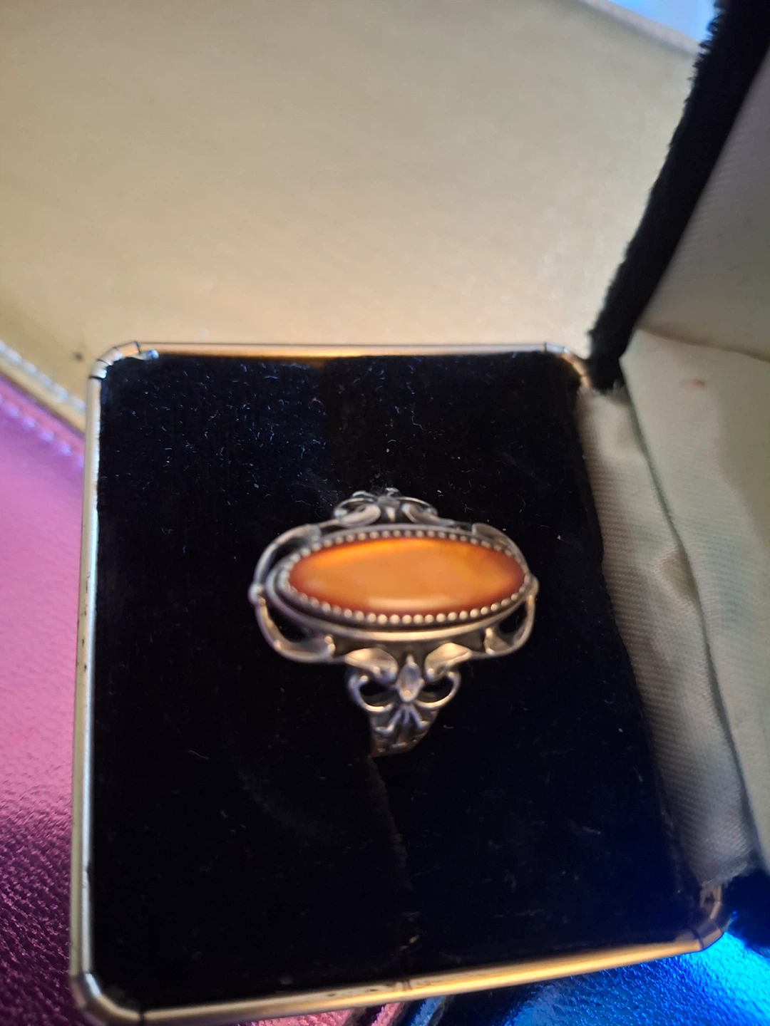 Vintage orange oval stone ring (sterling silver, stamped) - photo 3