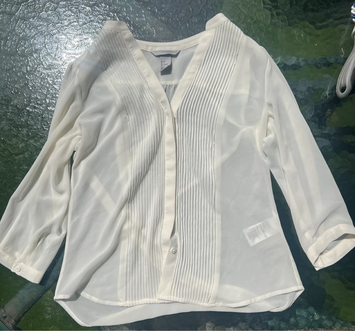 H&M White Vintage Elegant Sheer Pleated Blouse Dressy Shirt - photo 2