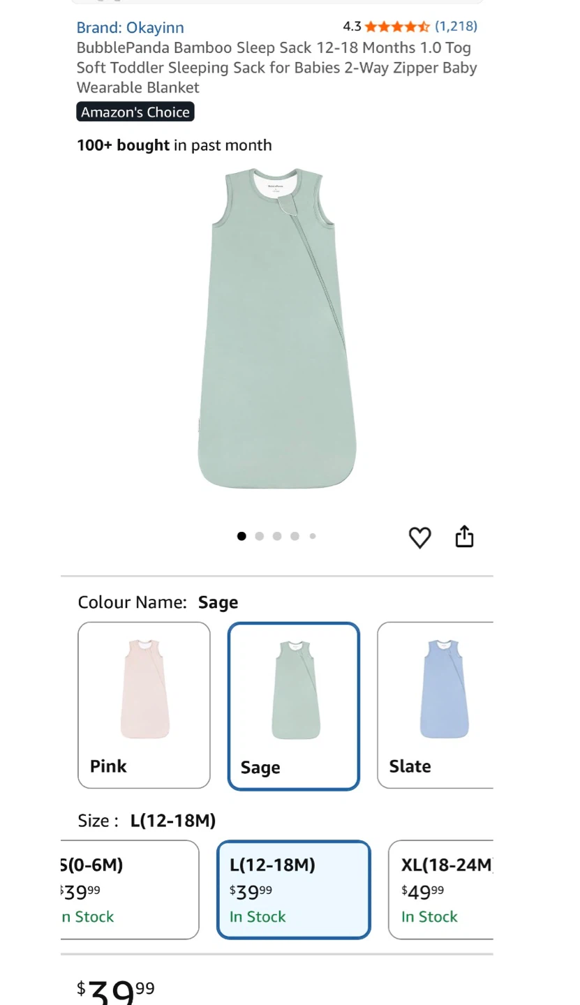 BubblePanda Bamboo Sleep Sack - Sage - L (12-18 Months)