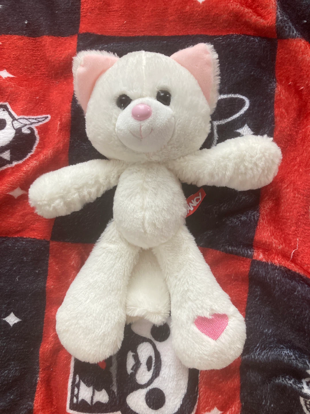 White Plush Cat Toy with Pink Ears and Heart