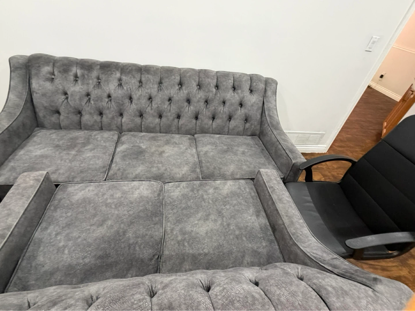 Grey Tufted Sofa and Glass Coffee Tables - photo 2