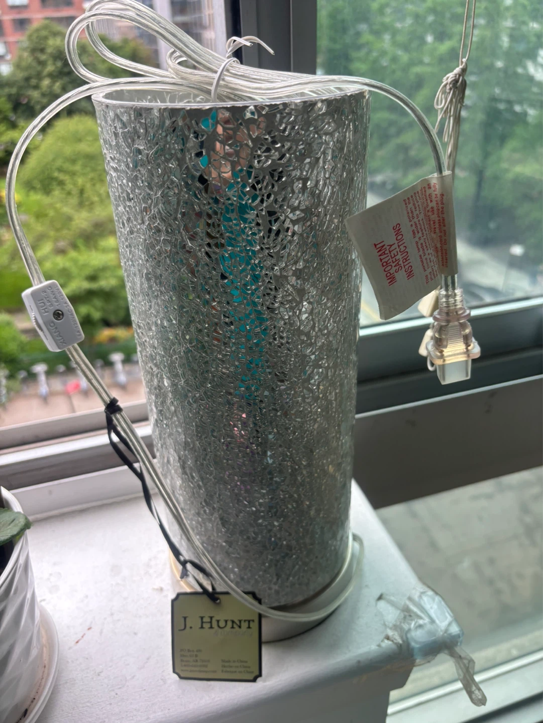 J. Hunt Home silver crackle glass mosaic cylinder table lamp.