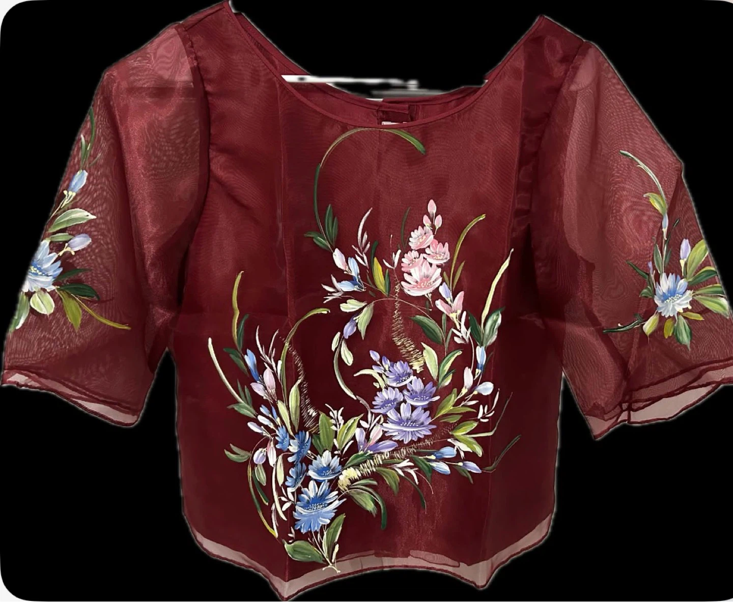 Burgundy Embroidered Organza Blouse