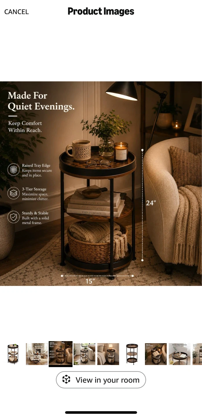 3-Tier Round Side Table - Rustic Brown - photo 3