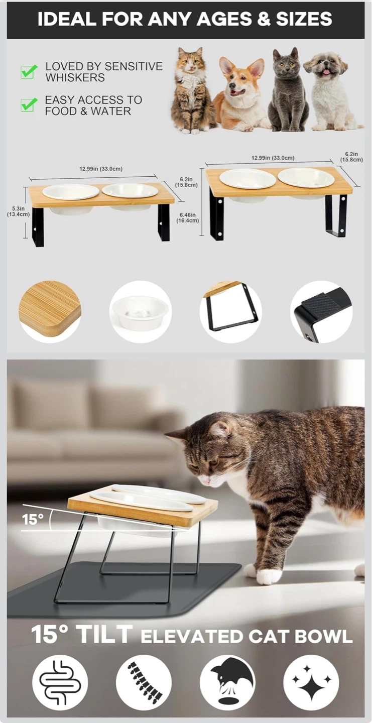 Elevated Cat Bowls - Bamboo Stand with 2 Ceramic Bowls - photo 4