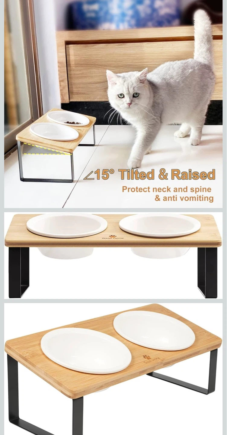 Elevated Cat Bowls - Bamboo Stand with 2 Ceramic Bowls
