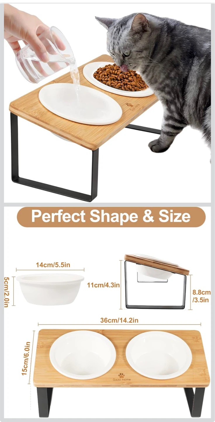 Elevated Cat Bowls - Bamboo Stand with 2 Ceramic Bowls - photo 3