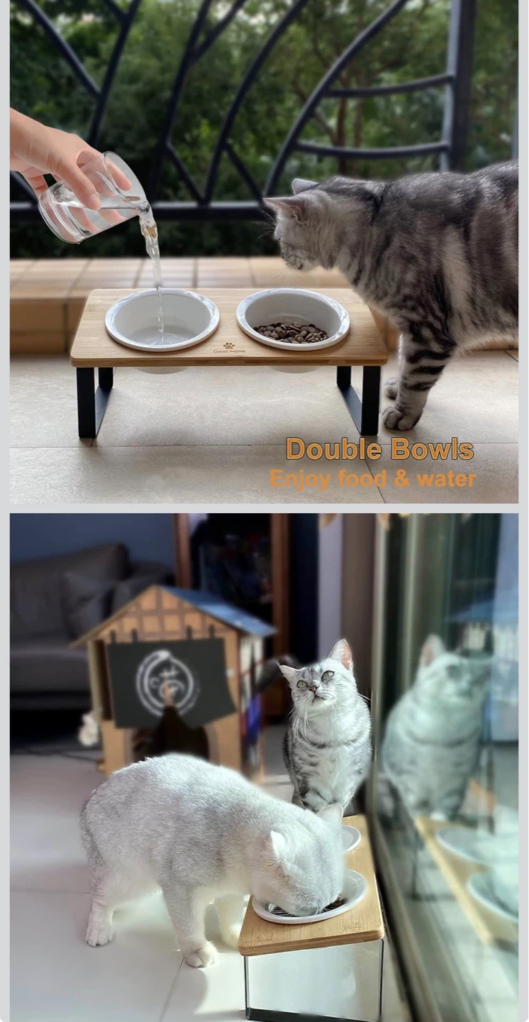 Elevated Cat Bowls - Bamboo Stand with 2 Ceramic Bowls - photo 2