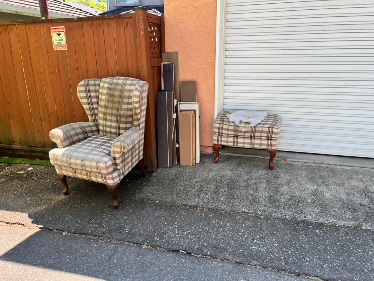 Plaid Wingback Armchair and Ottoman Set