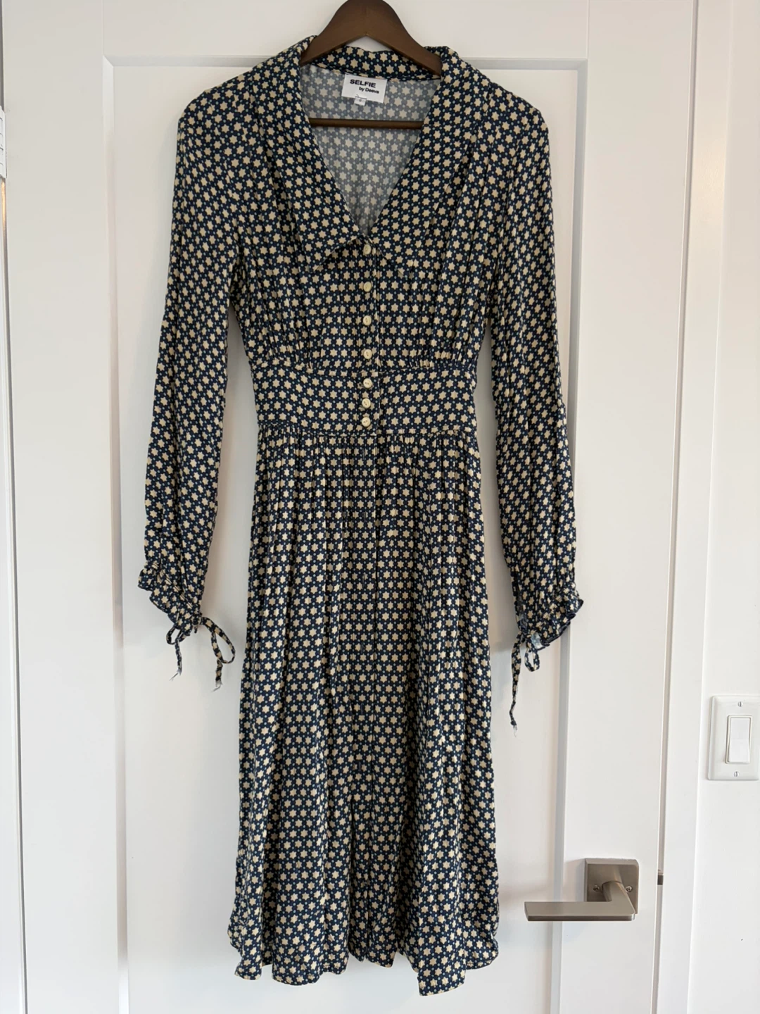 Navy Blue and Cream Patterned Dress - Size S - photo 2