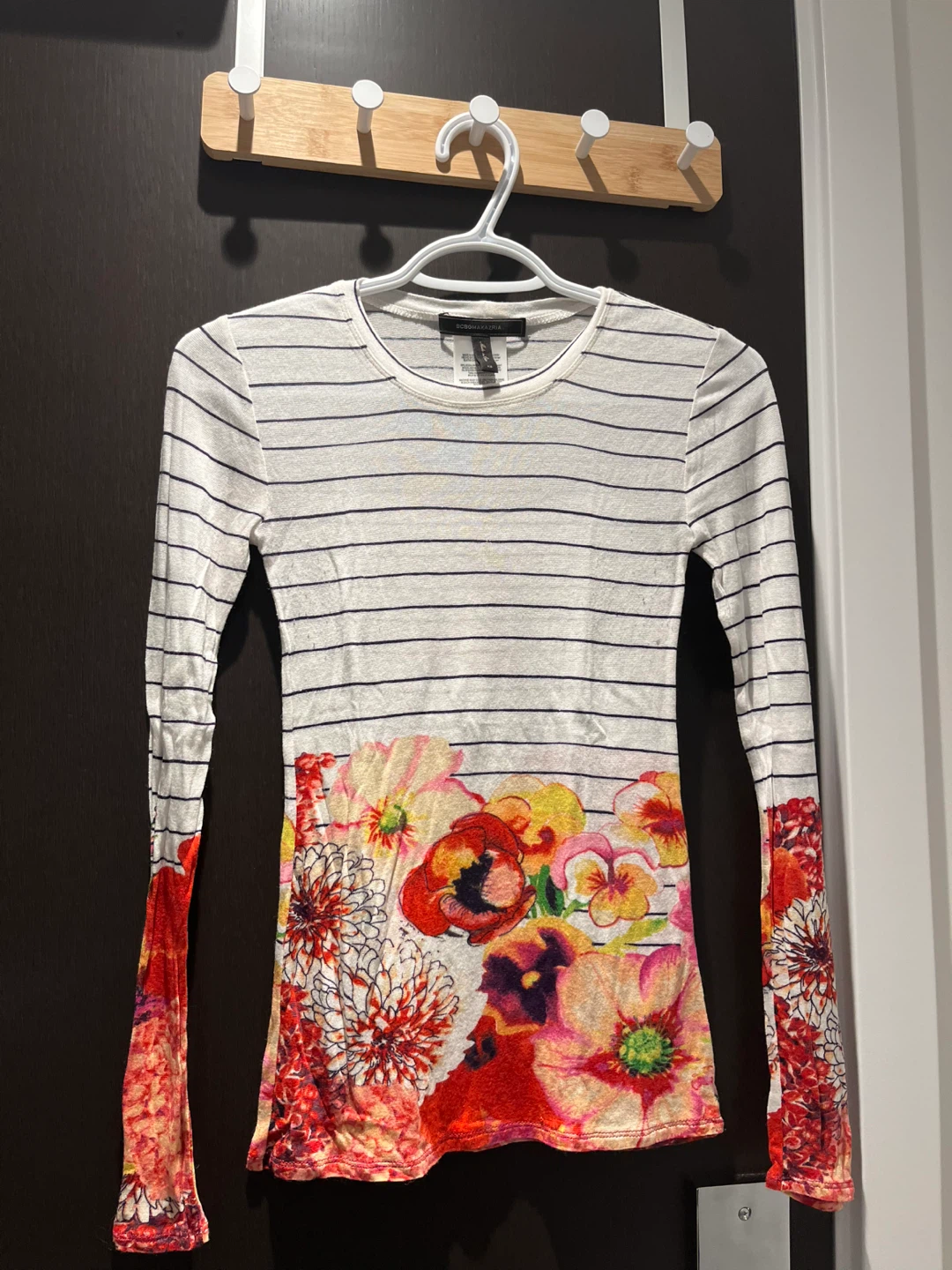 BCBGMAXAZRIA Striped Floral Long Sleeve Top XS