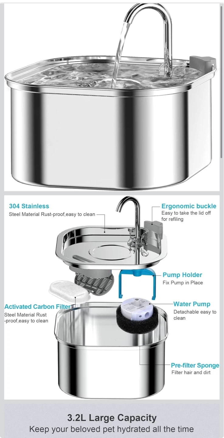 3.2L Stainless Steel Pet Water Fountain