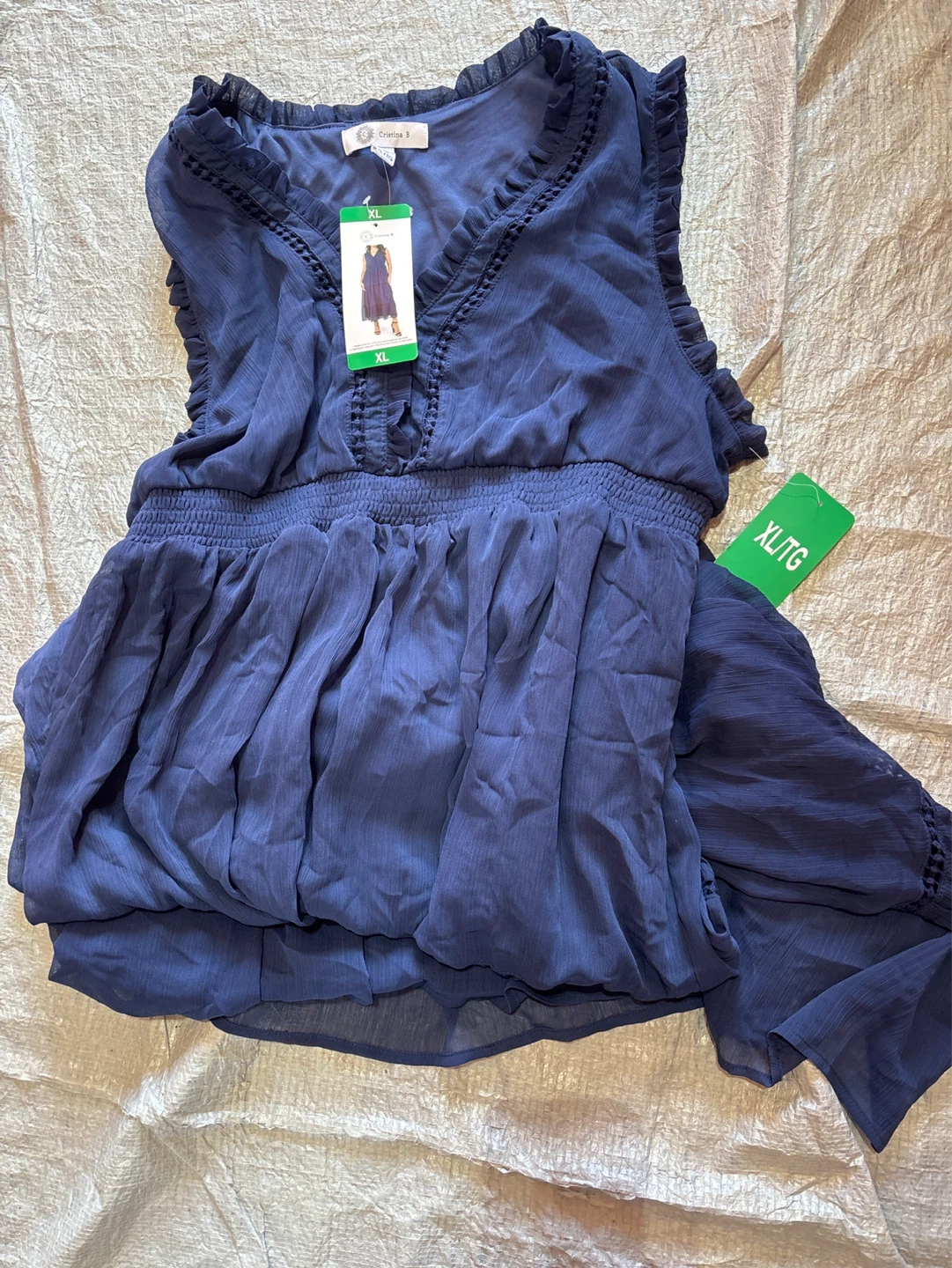 Cristina B Navy Blue Ruffled V-Neck Maxi Dress XL