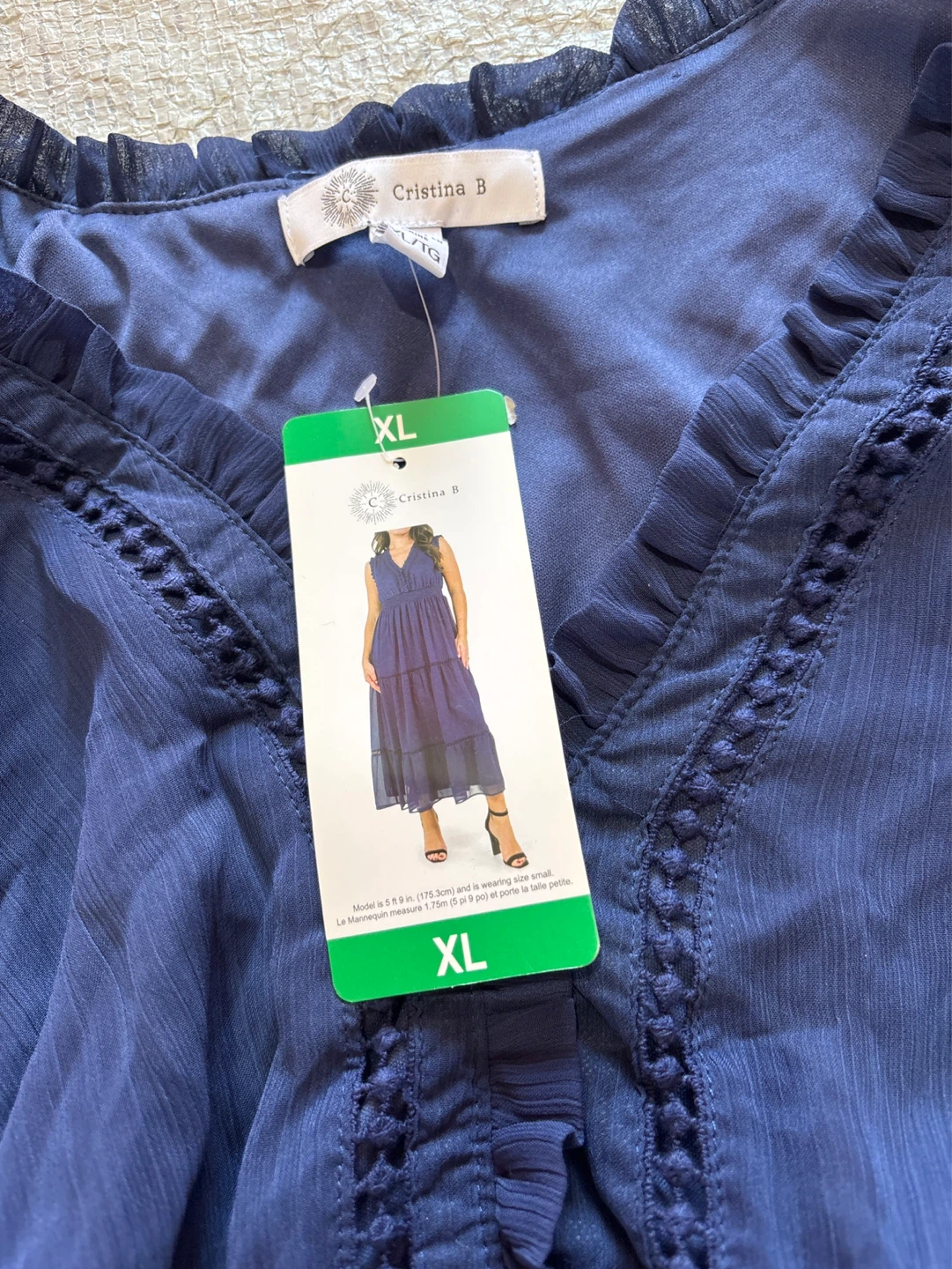 Cristina B Navy Blue Ruffled V-Neck Maxi Dress XL - photo 2