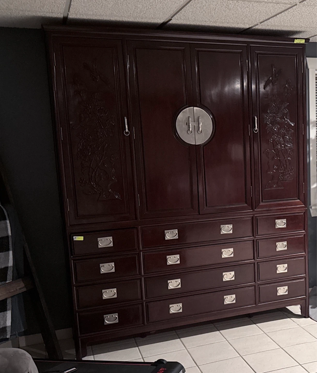 2 Piece  Antique Wood Wardrobe with Drawers and Carvings