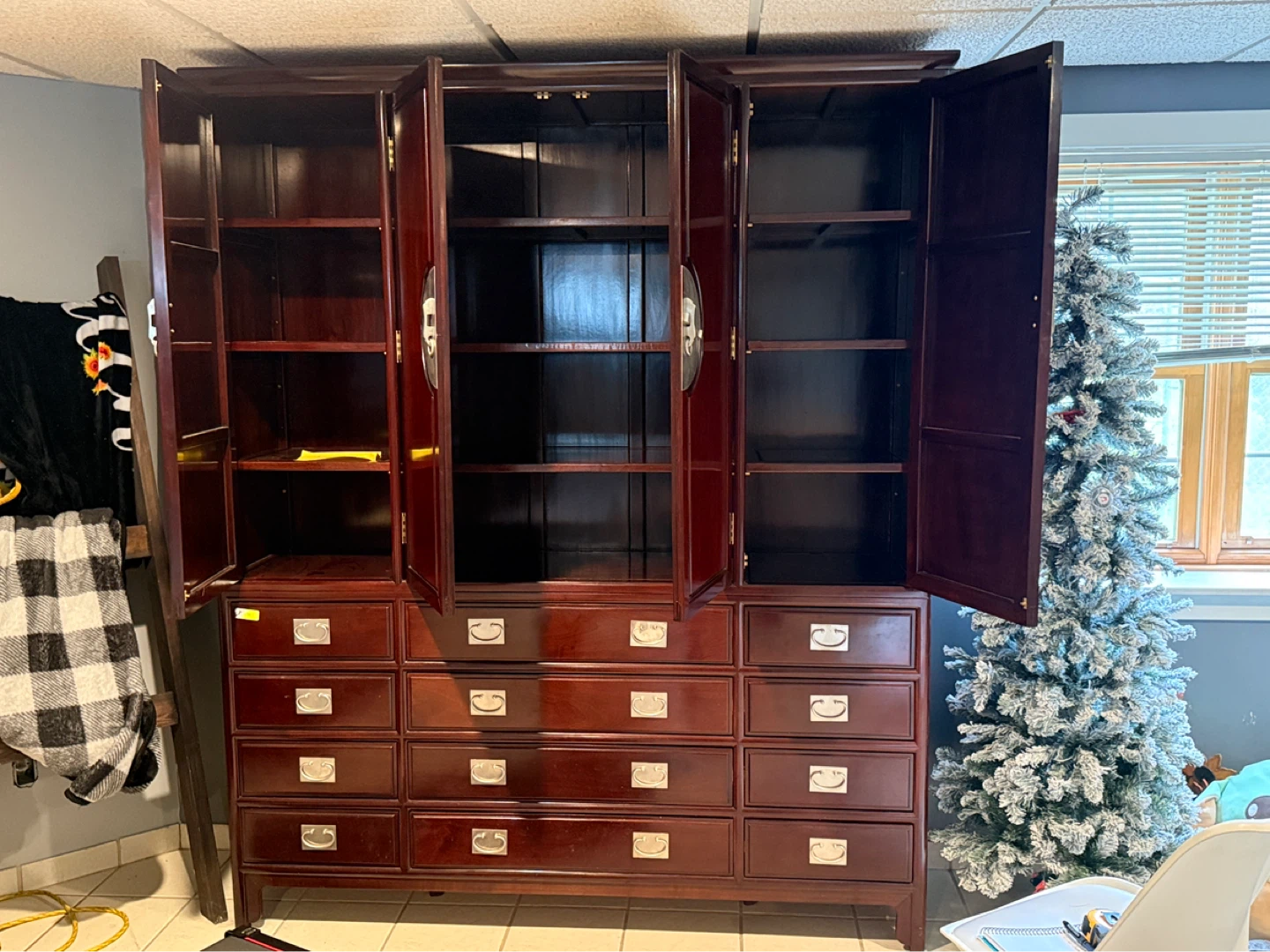 2 Piece  Antique Wood Wardrobe with Drawers and Carvings - photo 3