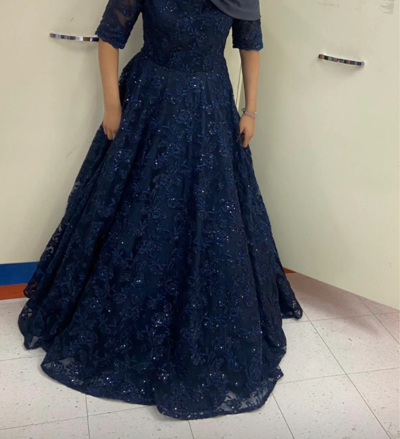 Navy Blue Lace Evening Gown