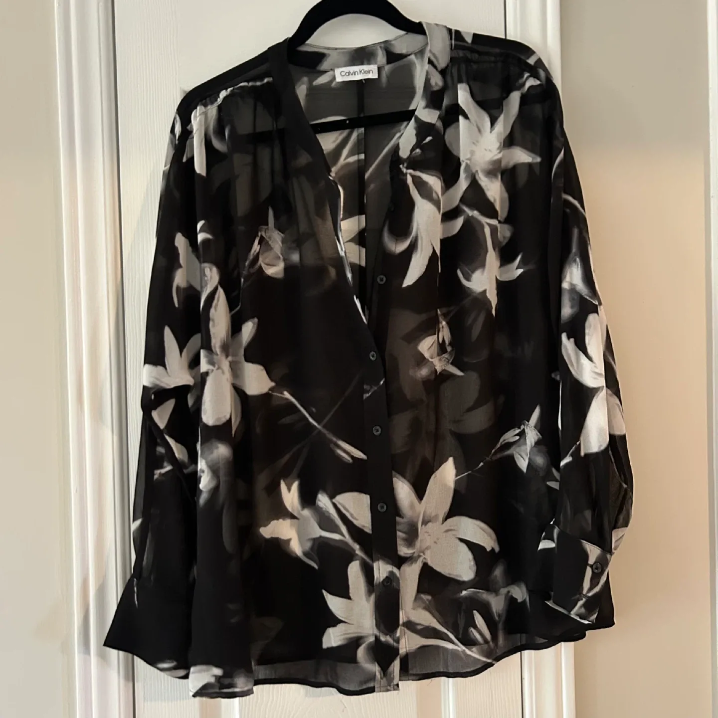 Calvin Klein Black Floral Sheer Button-Up Blouse