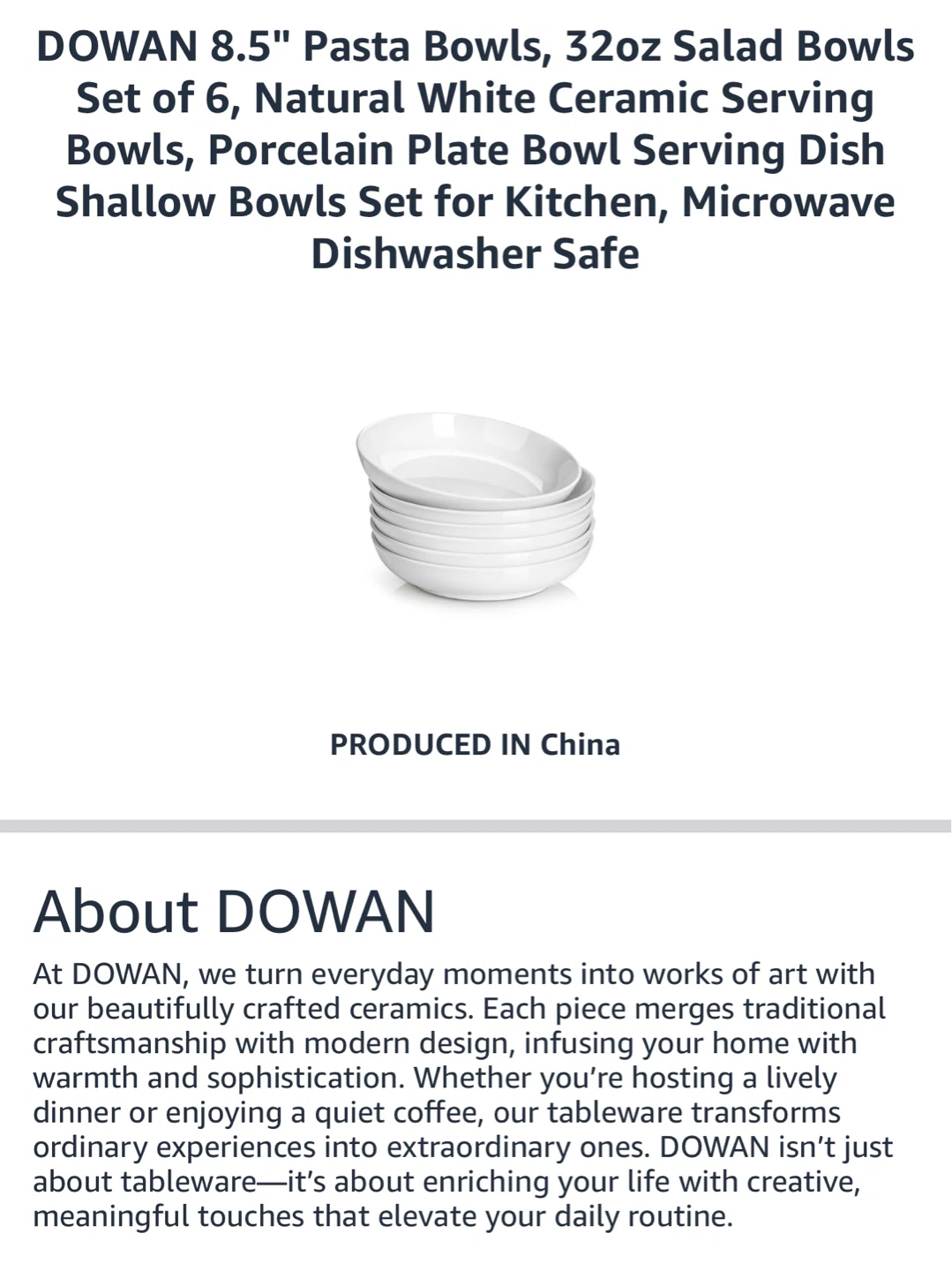 DOWAN 8.5" Pasta Bowls Set of 6
