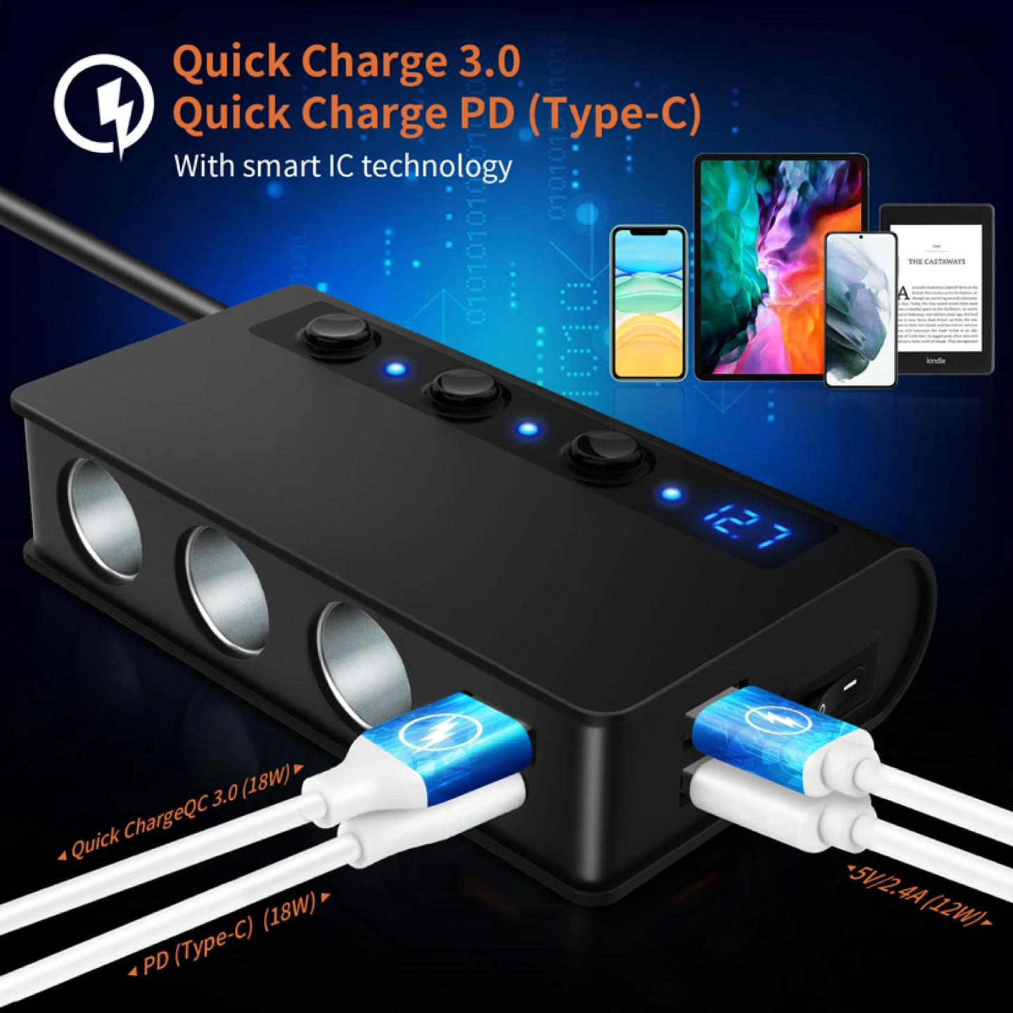 180W QC 3.0 Car Charger USB Multi-Socket Cigarette Lighter - photo 4