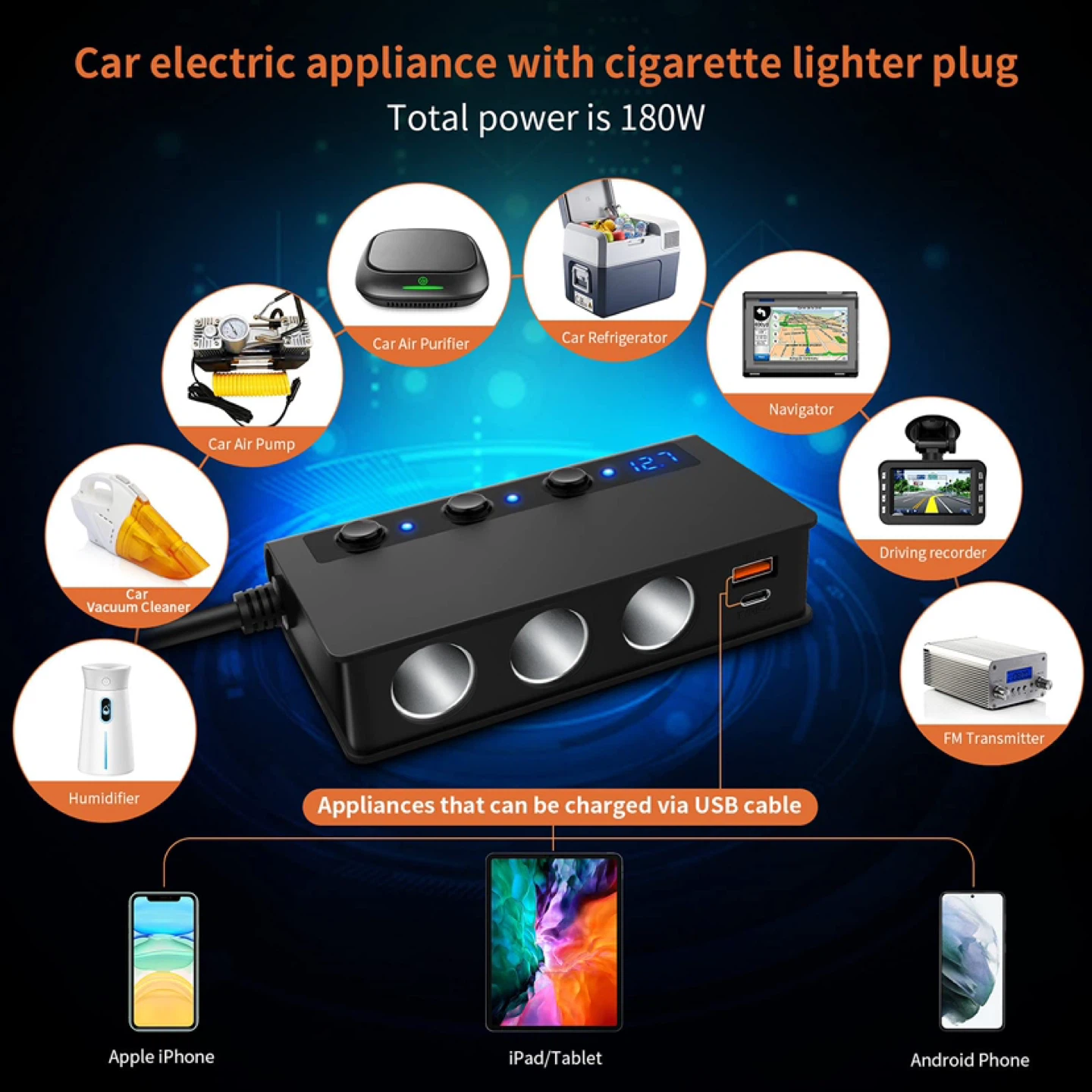 180W QC 3.0 Car Charger USB Multi-Socket Cigarette Lighter - photo 3
