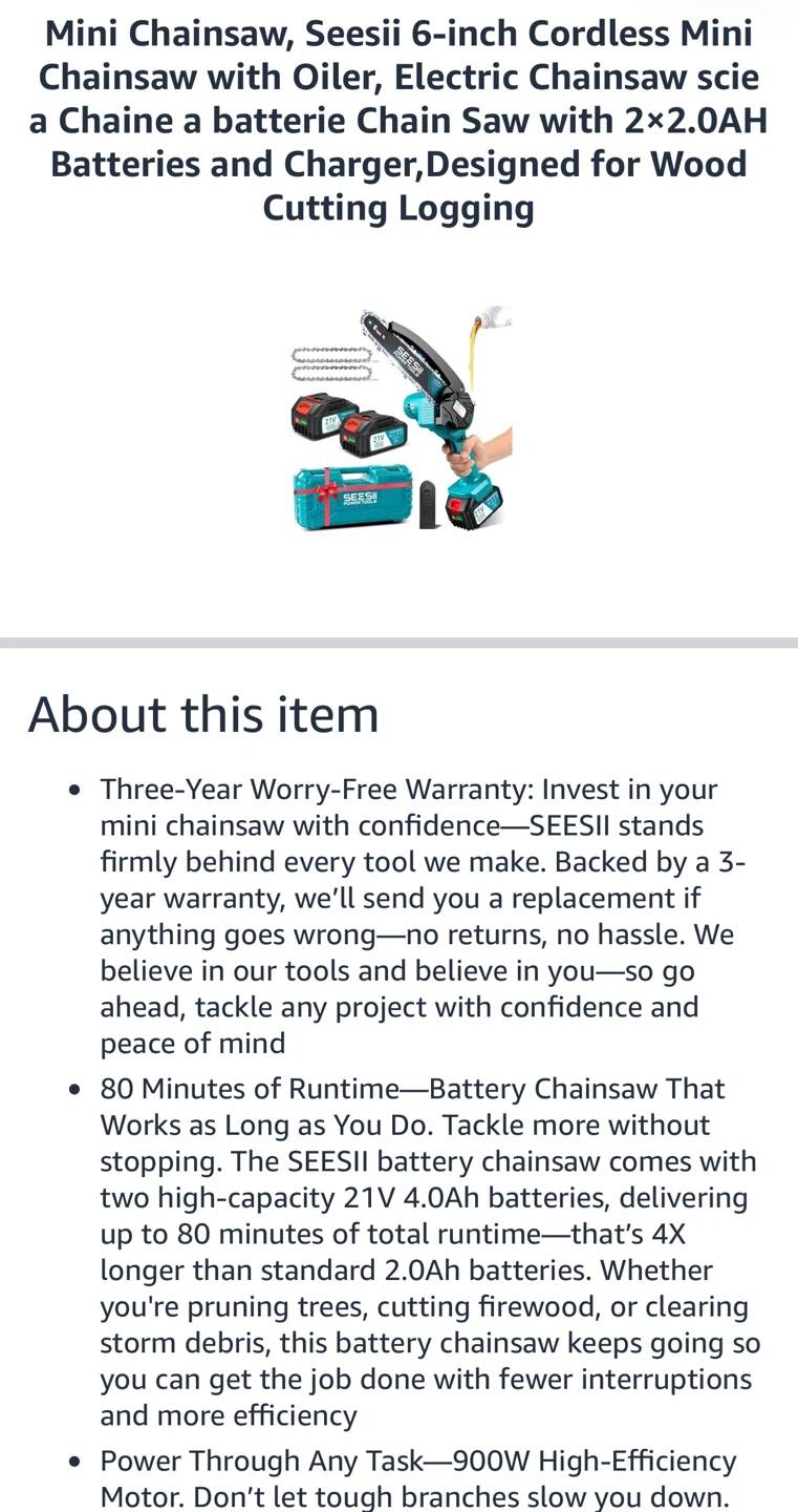 SeeSii 6-inch Cordless Mini Chainsaw Kit