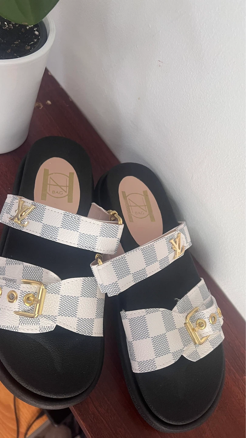 White Checkerboard Slide Sandals with Gold Buckle - photo 4