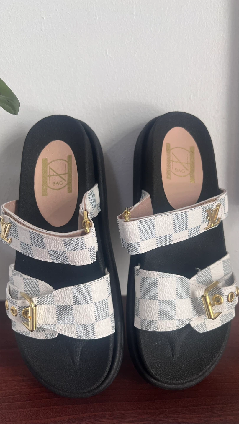 White Checkerboard Slide Sandals with Gold Buckle - photo 3