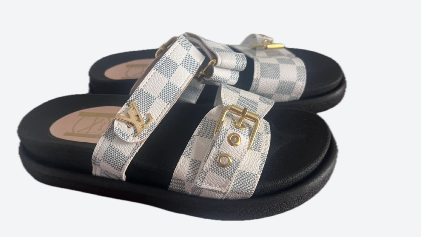 White Checkerboard Slide Sandals with Gold Buckle - photo 2