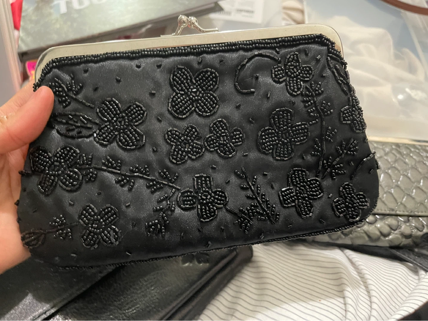 Black Beaded Clutch Bag