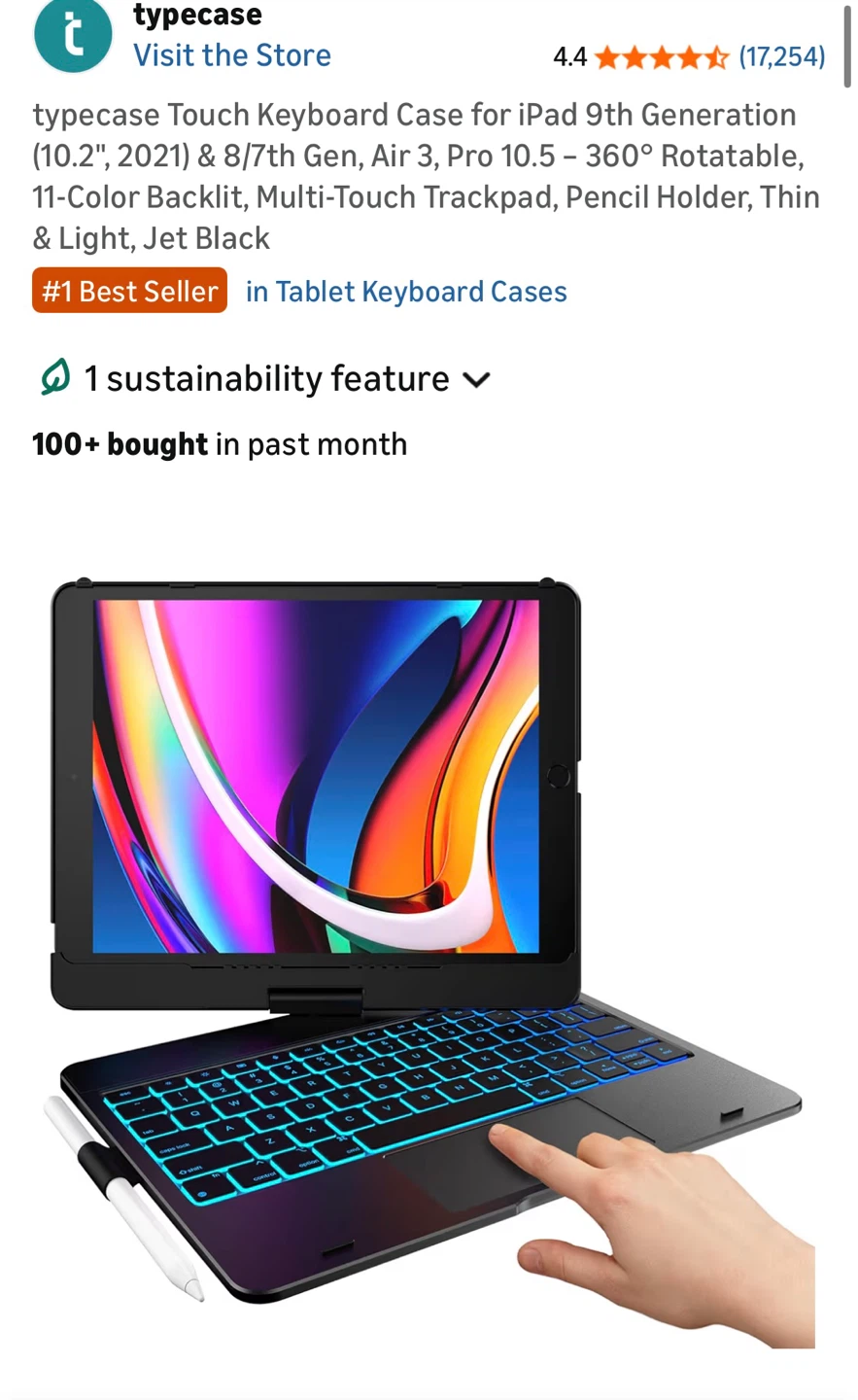 typecase Touch Keyboard Case for iPad 9th Gen 10.2", Jet Black - photo 3