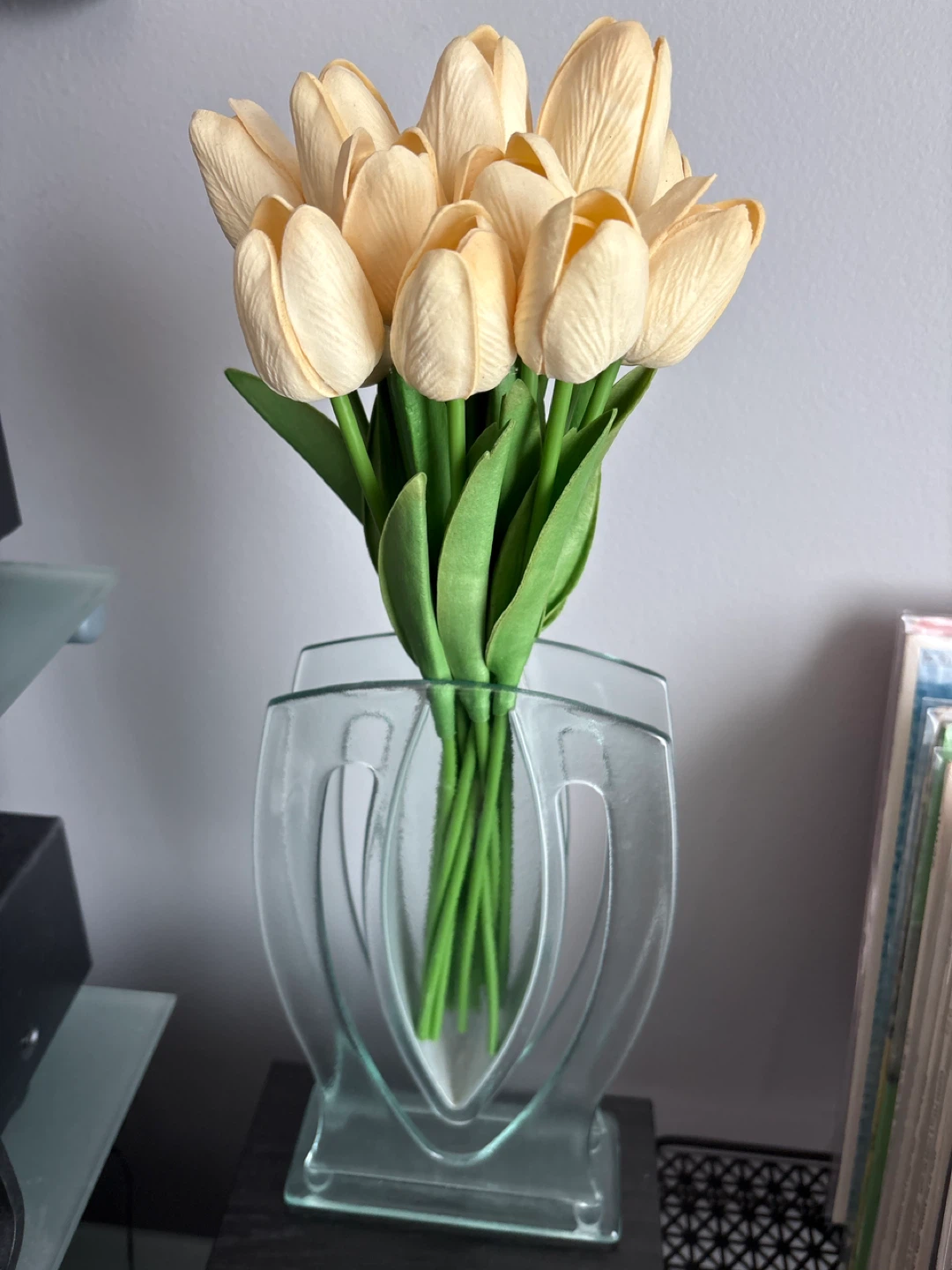 Artificial Cream Tulips in Glass Vase